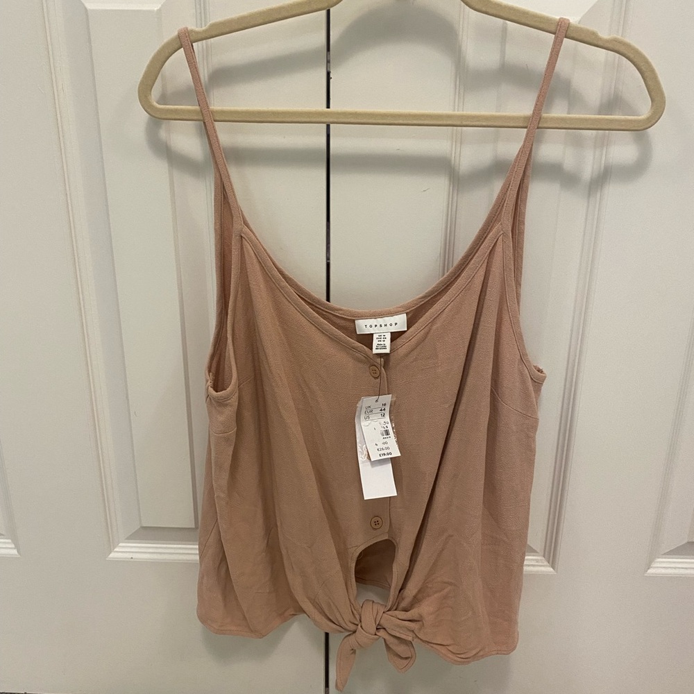 TopShop Pink Polly Tie Front Linen V-Neck Cami Tank Top